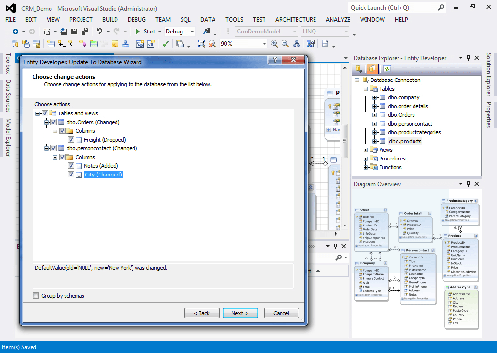 Update to Database wizard – Choose change actions.