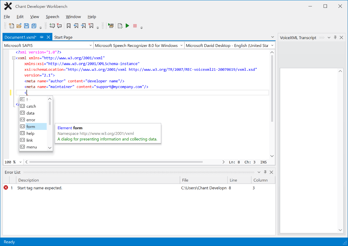 Edit W3C VoiceXML documents faster with built-in intelliprompt that suggests valid syntax.