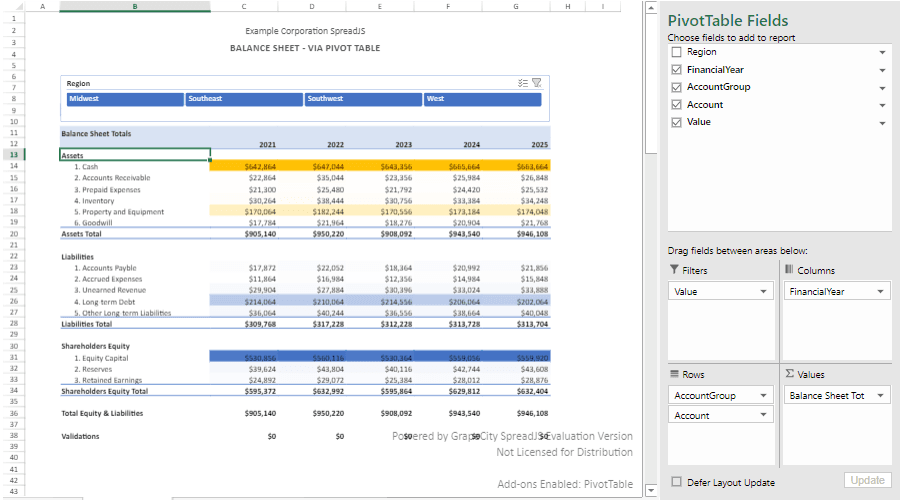 SpreadJS includes support for Pivot Tables as an optional deployment add-on. PivotTables are a powerful data analysis tool used to group, calculate, summarize, and present large amounts of data.