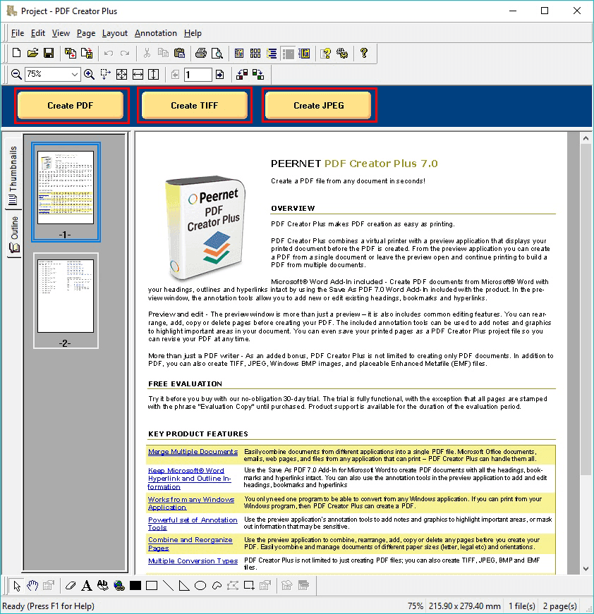 One of the primary uses of PDF Creator Plus is to create searchable Adobe PDF documents (with or without security), TIFF image files, JPEG image files, Windows Bitmap image files, or placeable Enhanced Metafile files from a PDF Creator Plus project.