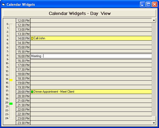 The DayView control is useful for adding a daily time schedule into an application. The DayView control can display and organize tasks for a variety of applications, whether for an Executive Information System, Personal Information Management (PIM) or group scheduling application.