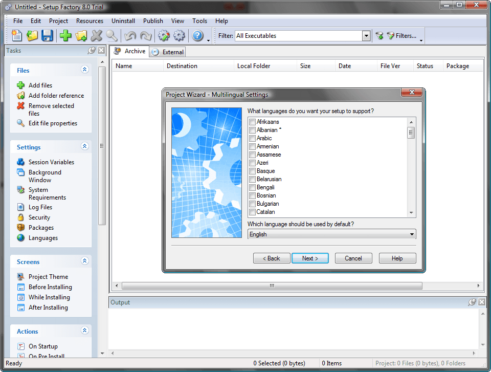 Setup Factory 8 offers support for multilingual installations. Setup Factory 8 gives you everything you need to support your customers and clients around the world. Installers created with Setup Factory can automatically determine the language of the client operating system and adjust the display of screens and messages appropriately whether you need to support English, French, German, Spanish, Italian or any other language recognized by Windows.