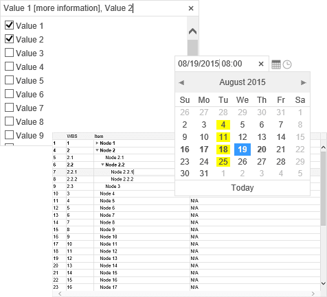 Calendar, date picker, time picker, multi-selector combo box, toggle button and tree-grid components for JavaScript.