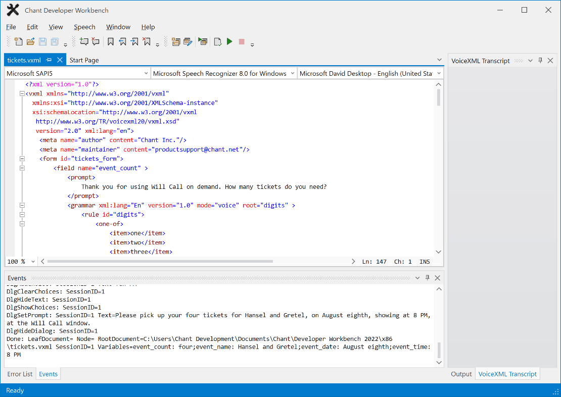 Browse runtime events in the Events window.