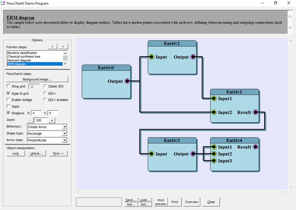 Use Decorated tables to display diagram entities. Tables have anchor points associated with each row, defining where incoming and outgoing connections dock to tables.