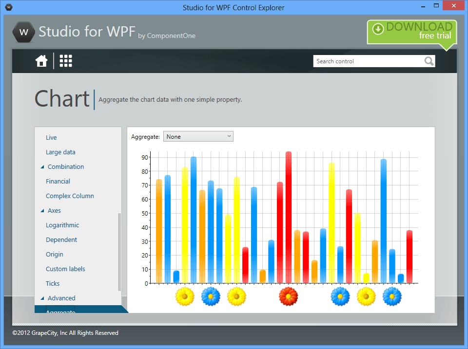 ComponentOne Chart for WPF is an advanced and easy to use charting control for your WPF applications. ComponentOne Chart for WPF brings you powerful rendering, animations and data-binding capabilities. You can also display your chart in a Smart Client application or take advantage of XBAP support and extend your deployment capabilities to the Web. ComponentOne Chart for WPF includes advanced features the possibility to enhance a 3D chart element's appearance by applying ambient, directional, point, and spot lighting to change the effects of the light source or Axis scrolling or customization.
