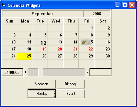 The MonthView control lets you design applications that display date information in a monthly format (up to 3 months at a time). The MonthView control provides several features which allow you to customize and integrate it into your applications. It is a data aware control so that it can be bound to a database for its source of information. Special days, such as holidays and other events, can be marked f