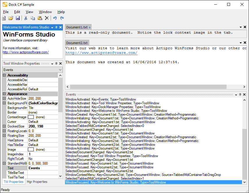 A complete docking tool window and multiple document interface solution.