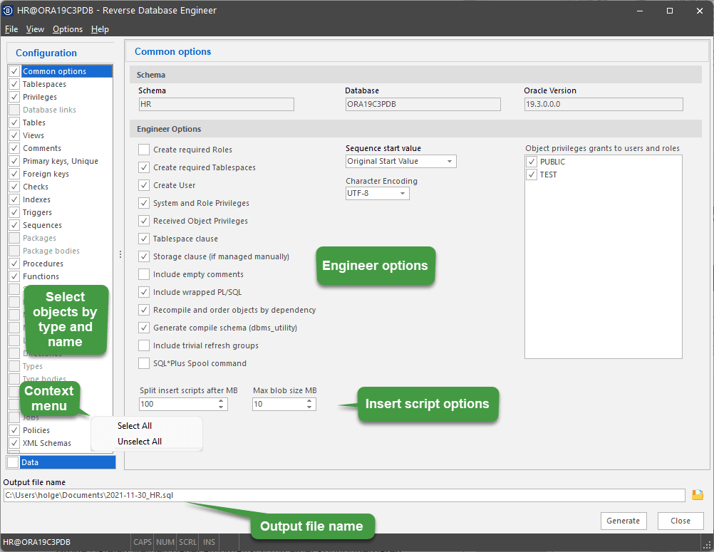 The Reverse DB Engineer creates the entire DDL for all objects of a database schema or any arbitrary subset. You can call Reverse DB in batch mode for periodic backup of your database structure or to check-in the script into a source code version management system.