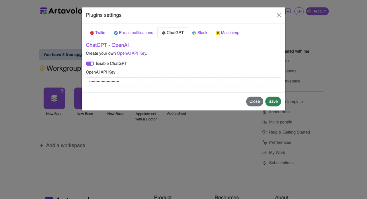 Integrations with AI(Chat GPT), Twilio, Slack, Mailchimp.