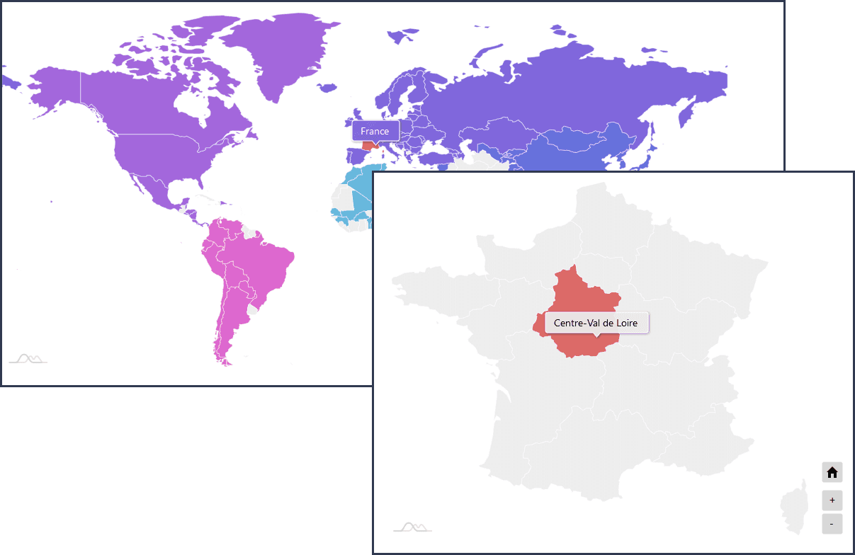 Maps can be loaded dynamically when needed; for example clicking on a country in the World map will zoom in and then load and display the selected country map.