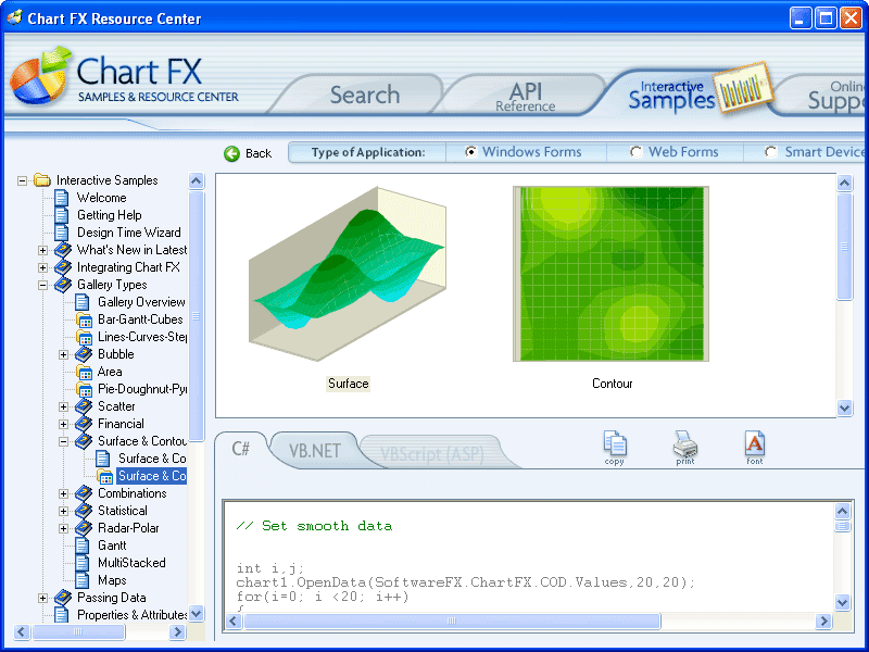 Choose from over 20 different chart types including Area, Bar, Bubble, Financial, Line, Pie, Radar-Polar, Scatter, Statistical, Surface & Contour.