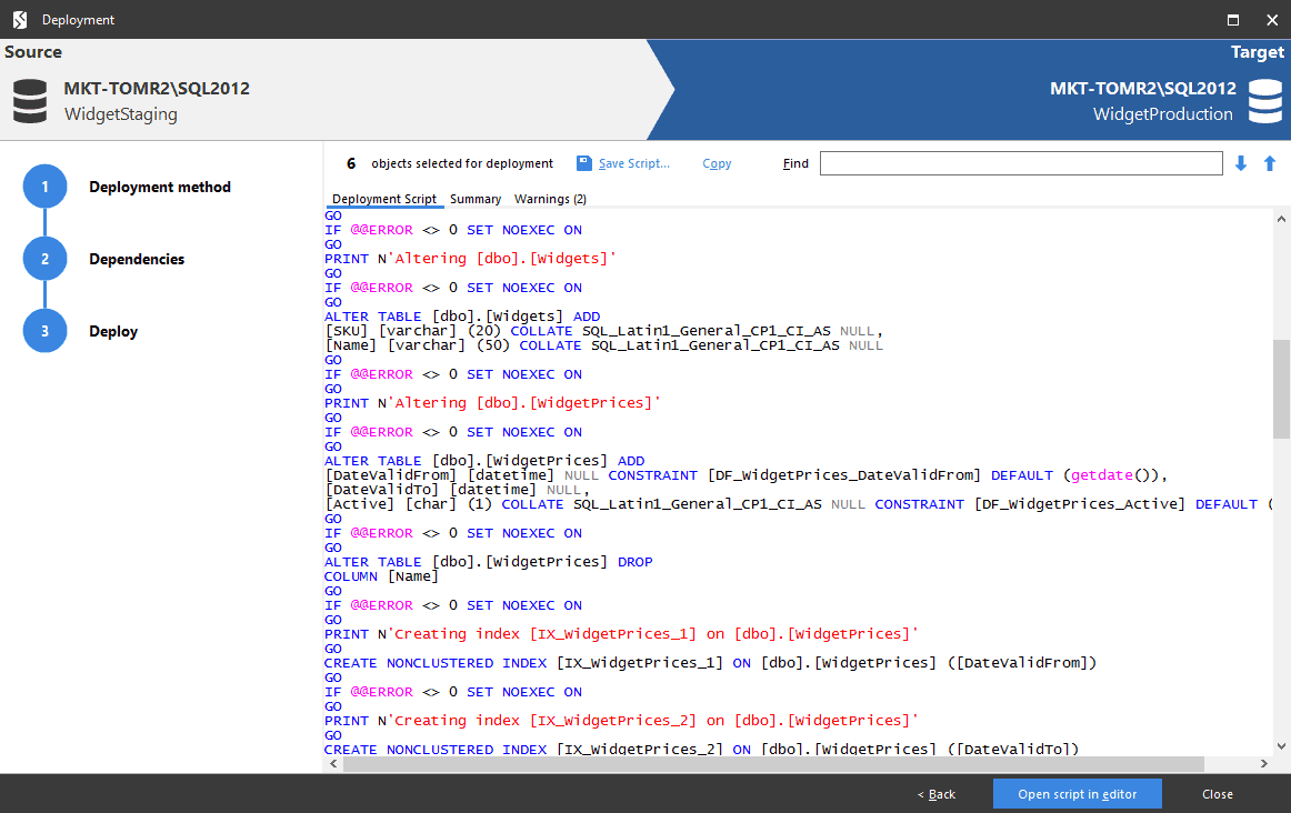 Migrate individual schema differences, a selection of them, or all of them.
Build sophisticated rules to selectively limit what to deploy.
You can run deployments directly from the UI or command line, save deployment scripts for later use, or automate your deployments using SQL Change Automation.