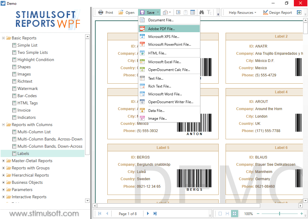 With Stimulsoft Reports.Wpf you can export reports to several formats: HTML, Mht, Text, RTF, PDF, XPS, Excel etc.