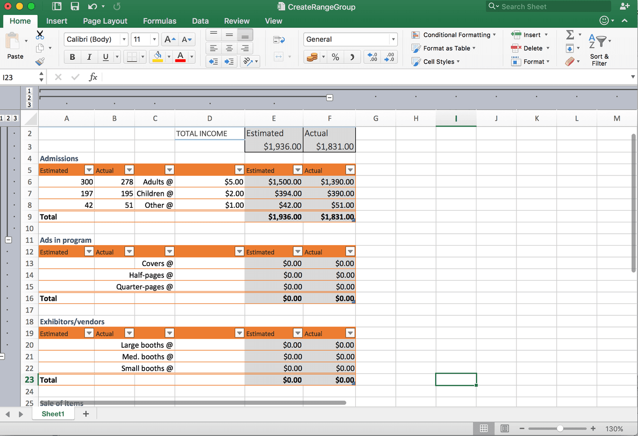 DsExcel .NET provides you with the ability to summarize large amounts of information in groups so that complex spreadsheets are easier to navigate. The data in rows or columns can be grouped to organize information and create custom views in a spreadsheet.