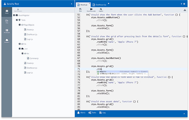 Test Studio allows you to create tests directly in Sencha Test, or code in a separate IDE, and execute the test immediately.
