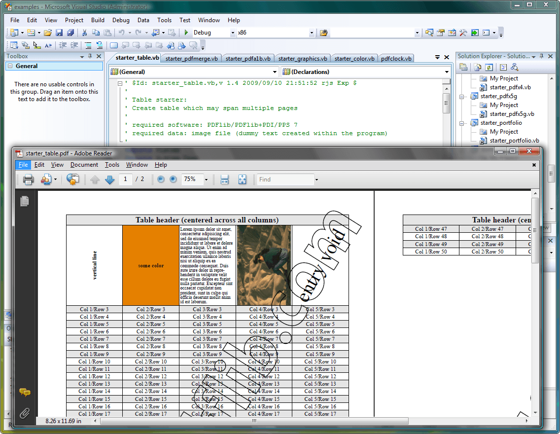 Table formatter places rows and columns, and automatically calculates their sizes according to a variety of user preferences. Tables can be split across multiple pages. Table cells can hold single- or multi-line text, images, PDF pages, path objects, annotations, and form fields. Table cells can be formatted with ruling and shading options. Flexible stamping function. Matchbox concept for referencing the coordinates of placed images or other objects.