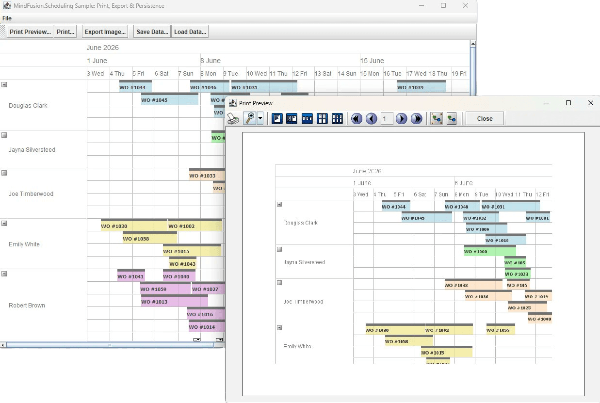 The Printing & Export demo shows how to implement Print Preview, high-res Image Export, and XML/JSON serialization.