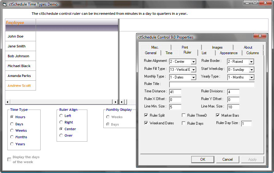 CtSchedule control ruler can be incremented from minutes in a day to quarters in a year.