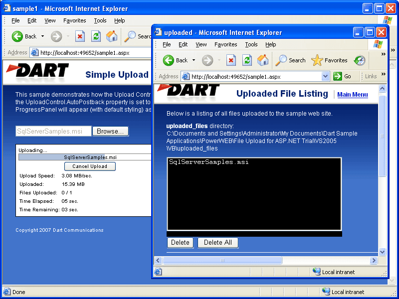 Create a web page where the Upload Control, UploadManager Control and ProgressPanel Control work together. You can set the UploadControl.AutoPostback property to true, which causes the upload process to begin as soon as files are selected. The ProgressPanel will appear (with default styling) as soon as the upload begins.