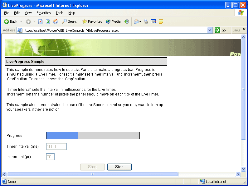 Use LivePanels to make a progress bar. Progress is simulated using a LiveTimer