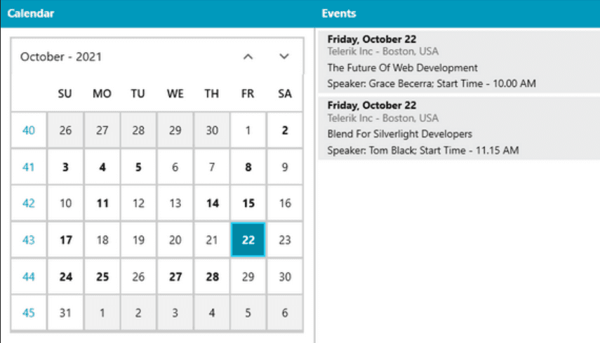 Telerik UI for WPF Calendar 제품 이미지 Telerik UI for WPF Calendar 제품 이미지