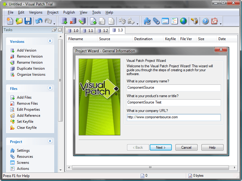 A Project Wizard is included that Walks you through the creation of a professional software patch complete with customized dialogs, multiple methods of version detection and rollback