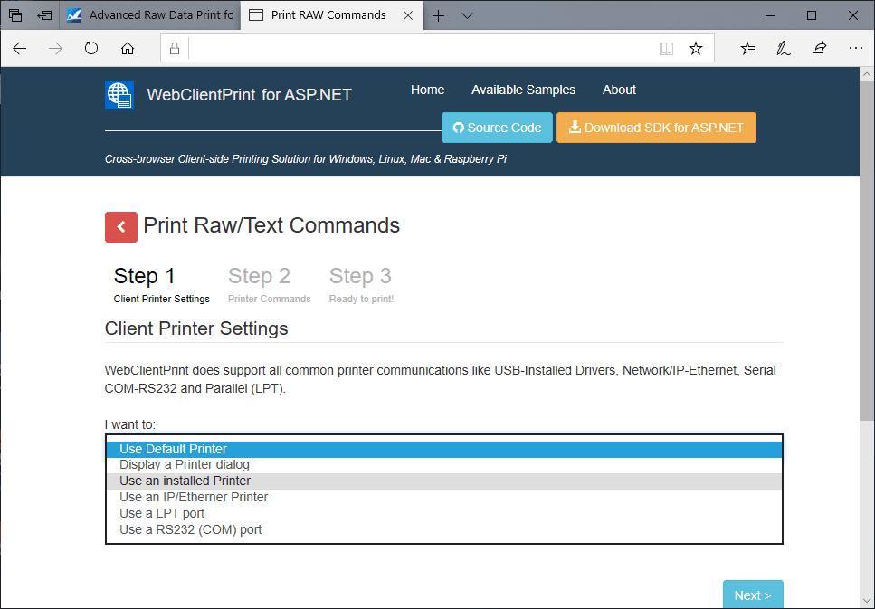 Print raw data and files on the client-side from ASP.NET Core, MVC, WebForms and SPA.