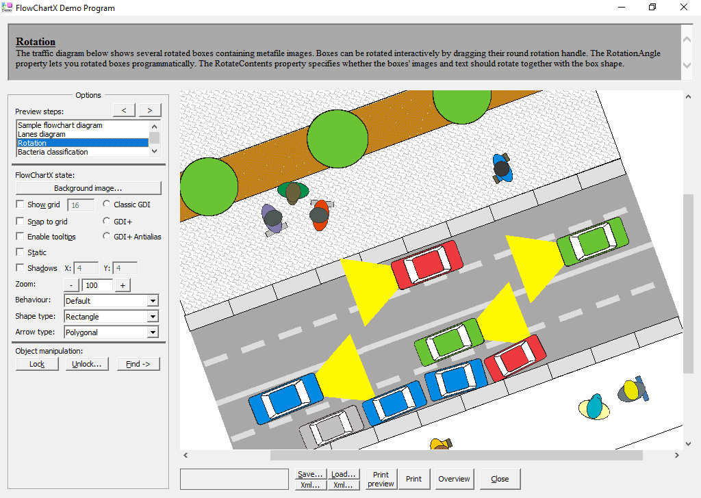 This traffic Diagram screenshot shows boxes containing metafile images. Boxes can be rotated interactively by dragging their round rotation handle.