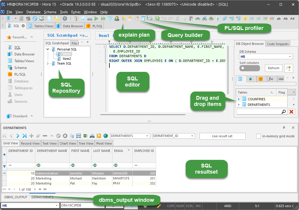 The SQL scratchpad allows you to organize your SQL statements in a hierarchical repository. You can include multiple SQL root directories in the tree view and share each with the members of your project team.