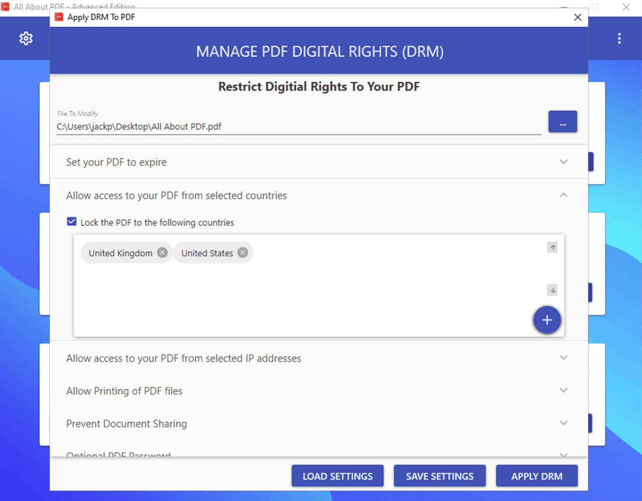 Imagine being able to share a PDF document and it can only be opened in set locations. DRM Location Lock allows users to select the country/countries where the document can be accessed.
