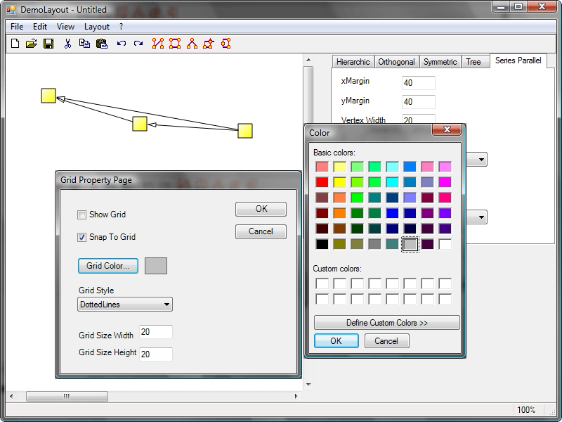 LayoutFlow currently includes HFlow that allows performing a hierarchical layout, SFlow that performs a symmetric layout on a grap, TFlow that allows performing a tree layout on a graph and OFlow to perform an orthogonal layout on a graph.