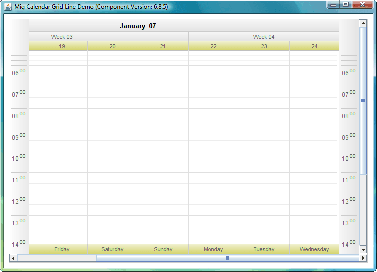 One component class handles all types of calendars. Everything that is visible is added through the use if layered Decorators. This makes it easy to migrate from one type to another, since it is just a matter of configuration. Even day/week/month/year views are just the same component configured differently.