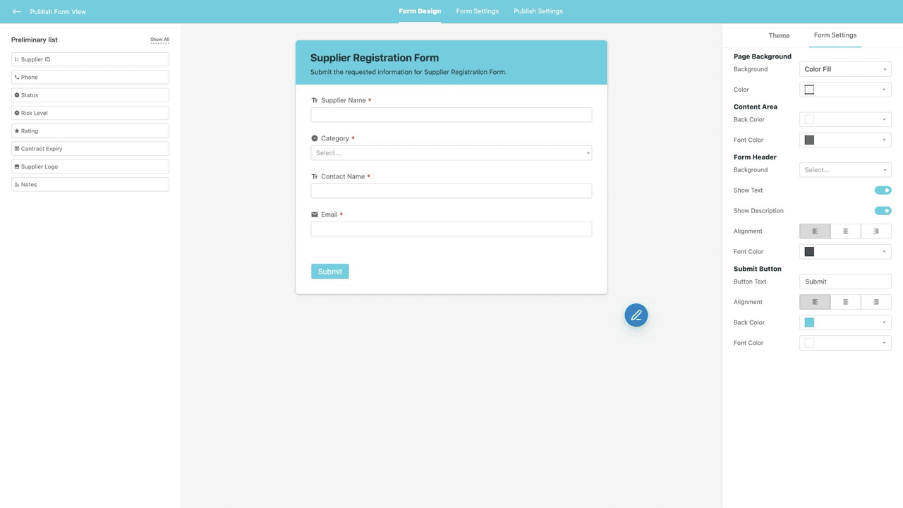 Form Designer – The designer separates hidden fields, marks required inputs, and controls the form's presentation.