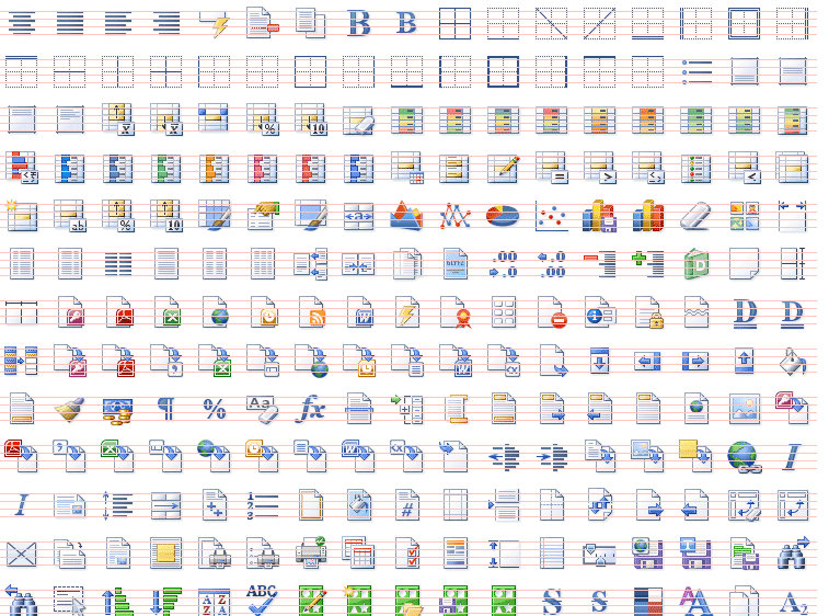 Some of the icons from the Word Processing and Spreadsheet set, included in Actipro Icons.