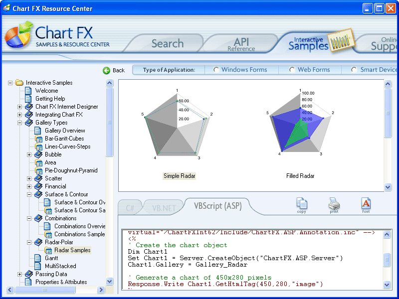 Choose from over 20 different chart types including Area, Bar, Bubble, Financial, Line, Pie, Radar-Polar, Scatter, Statistical, Surface & Contour.
