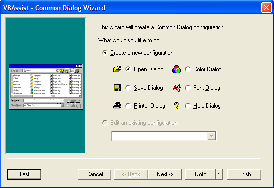 The Common Dialog Wizard walks you through the creation of a common dialog, and automatically generates the necessary Visual Basic code.