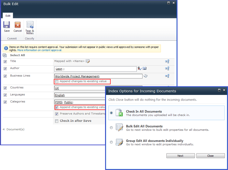 Edit, Import, Check boxes, Approve/Reject and Tag in bulk for SharePoint.