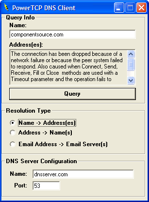 Perform forward name lookup (name to address), reverse name lookup (address to name), and mail server lookup (email address to mail server address).