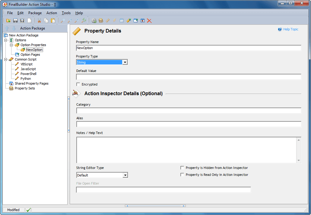 FinalBuilder allows you to create and use your own actions. To create Custom Actions use ActionStudio, which is available from the Start menu, or from the Tools menu in FinalBuilder. ActionStudio allows you to create Actions using JScript, VBScript, any .NET language, and via COM.