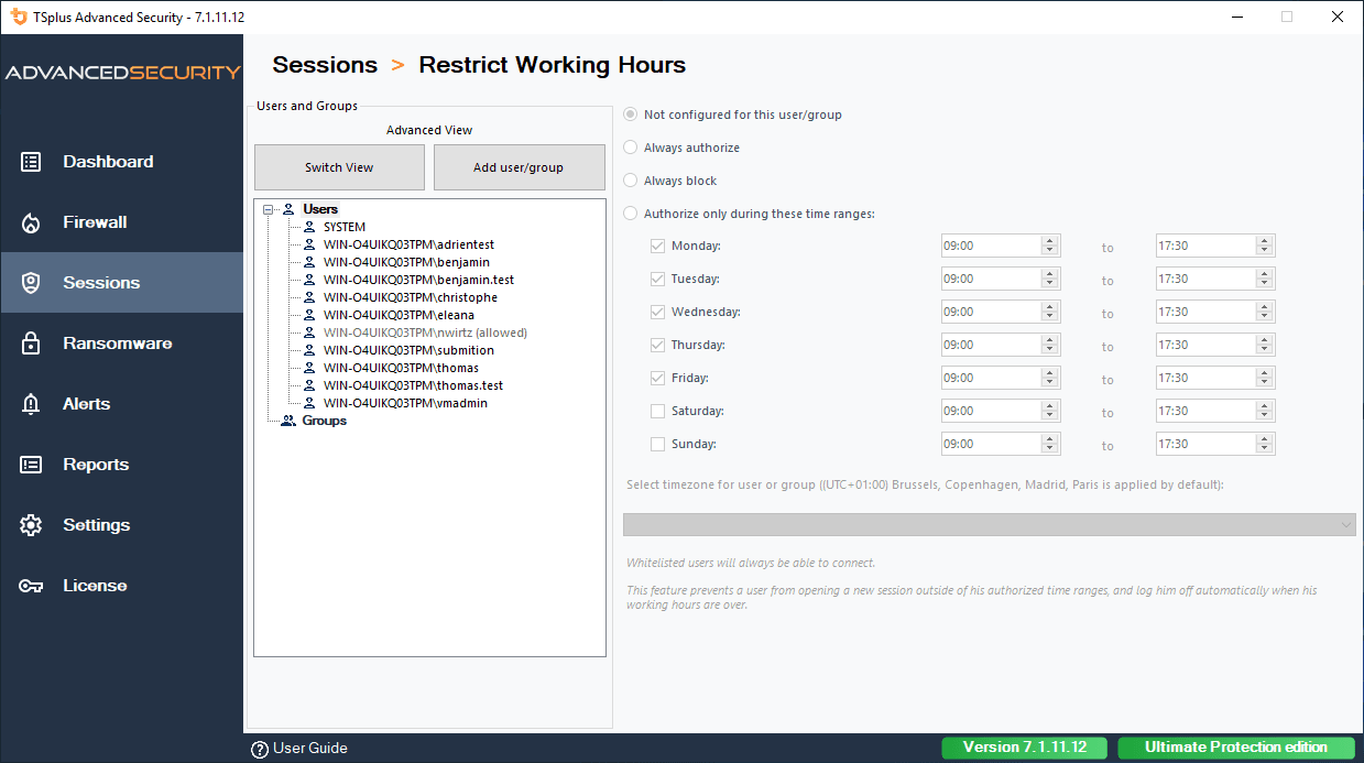 Only authorize users or groups to connect during certain days and timeslots. It is possible to select a specific time zone depending on your user's office location.