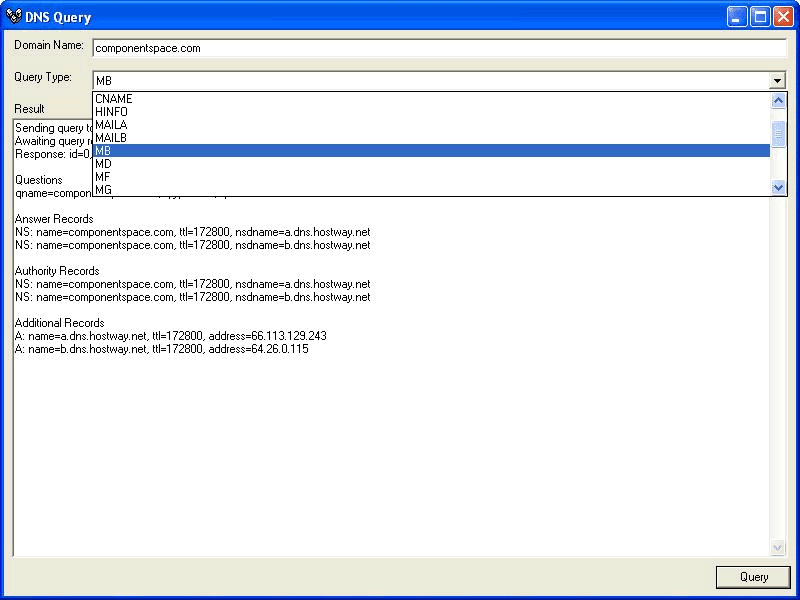 Query DNS servers for MX and all the other resource record types defined by RFC-1034 and RFC-1035.