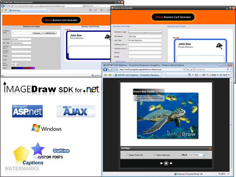 Add dynamic image composition (Images, Texts, WorkArt and AutoShapes) with many of imaging effects to any .NET application.