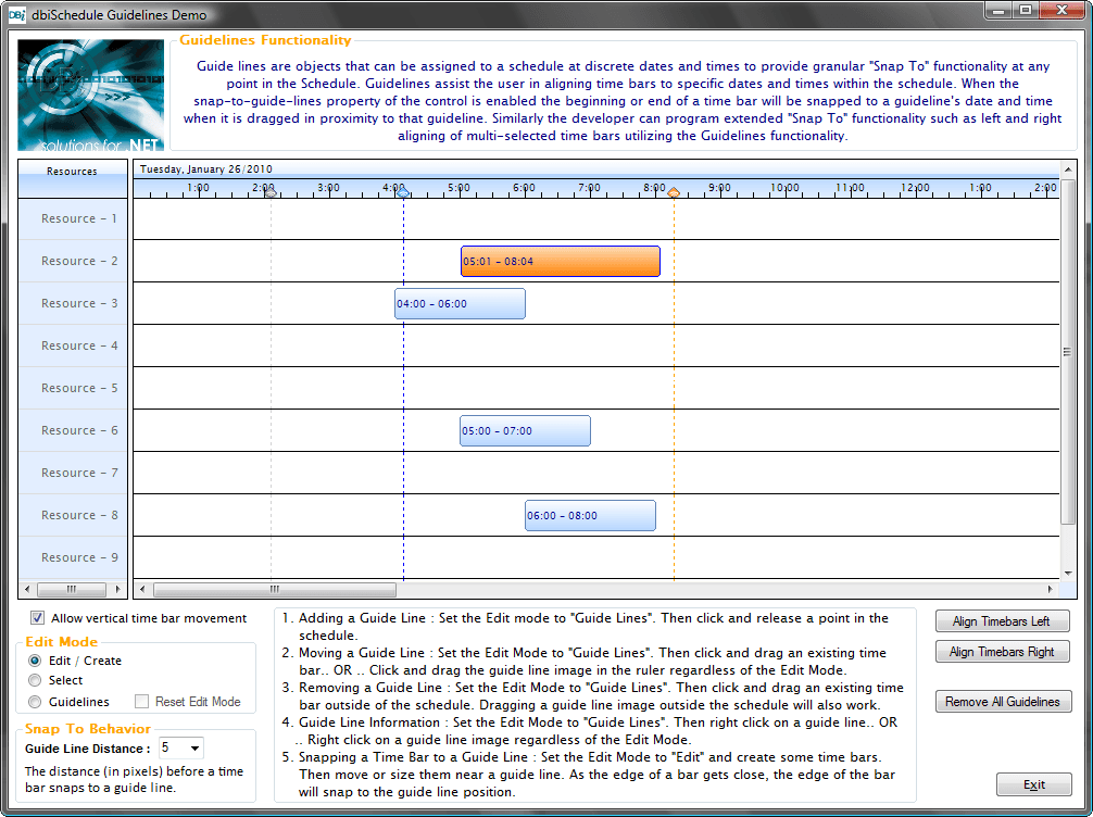 When the snap-to-guide-lines property of the control is enabled the beginning or end of a time bar will be snapped to a guideline's date and time when it is dragged in the proximity to that guidelines.